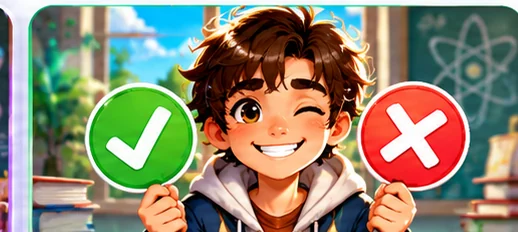 Ragazzo con simboli di vero e falso
